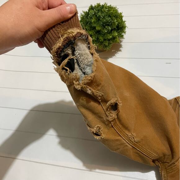 Carhartt Destroyed Distressed Brown Tan Full Zip Hooded Jacket Coat Boy XS‎ - Picture 6 of 14